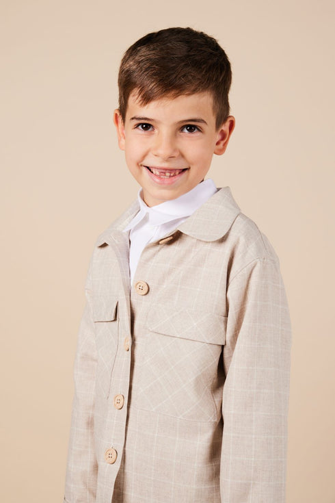 CHAQUETA CUADROS BEIGE CUELLO REDONDO Y BOLSILLOS